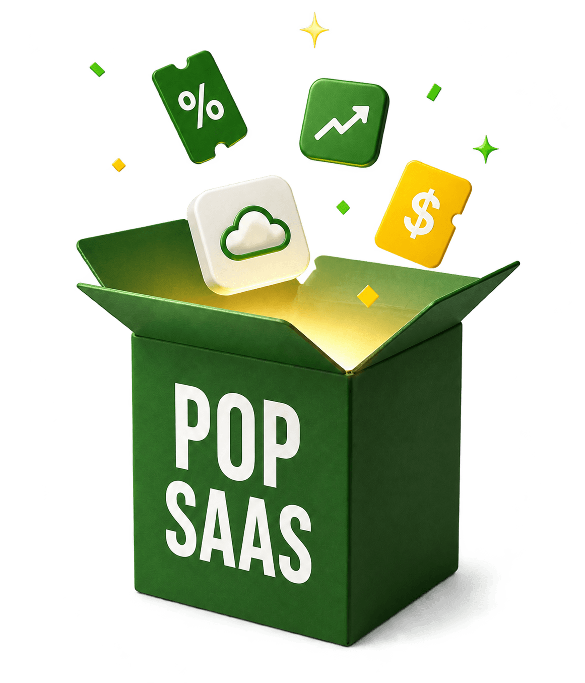 Open green PopSaaS box with floating discount, deal, SaaS, and ranking icons
